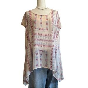 Vintage American Rag Cie Boho Floral Handkerchief Hem Tunic Top White Pink Sz 0X